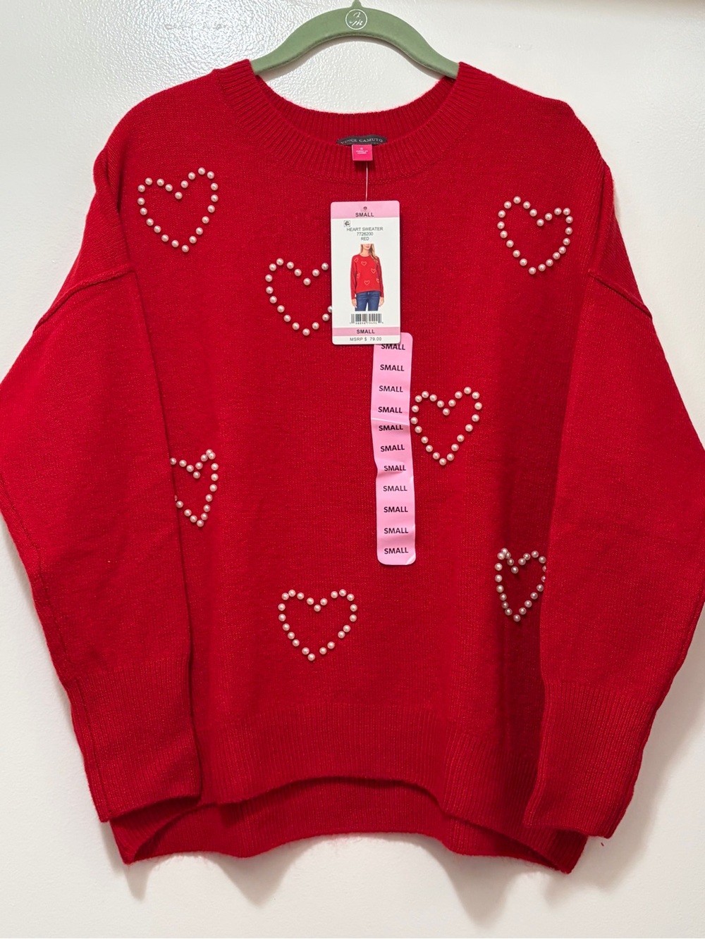 Vince Camuto Red Pearl Heart Crewneck Sweater. Various sizes see description